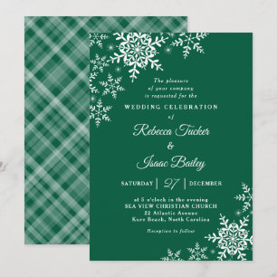 Elegant Snowflakes Plaid Hunter Green Wedding Invitation