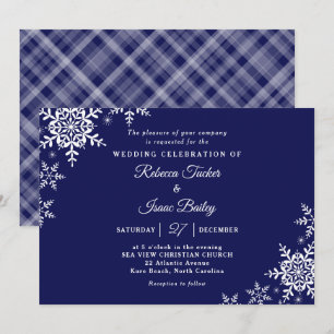 Elegant Snowflakes Plaid Navy Blue Wedding Invitation