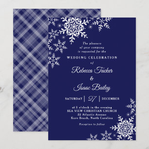 Elegant Snowflakes Plaid Navy Blue Wedding Invitation