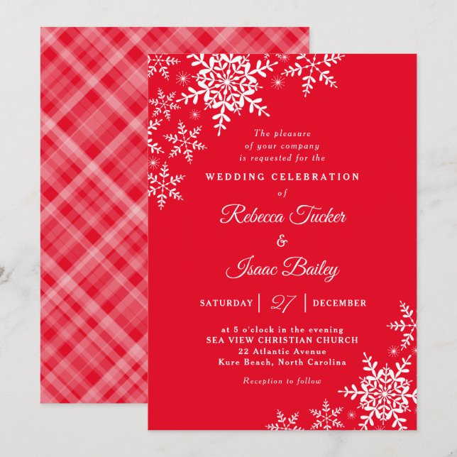 Elegant Snowflakes Plaid Red Christmas Wedding Invitation (Front/Back)
