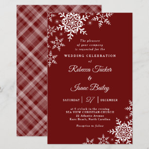 Elegant Snowflakes Plaid Red Wedding Invitation