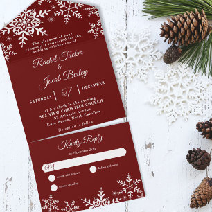 Elegant Snowflakes Red Christmas Winter Wedding All In One Invitation
