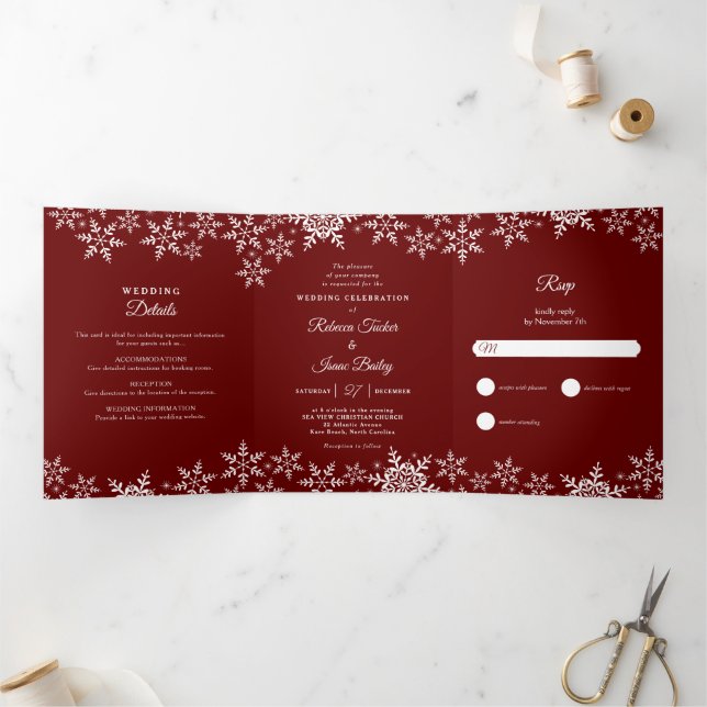 Elegant Snowflakes Red Christmas Winter Wedding Tri-Fold Invitation (Inside)