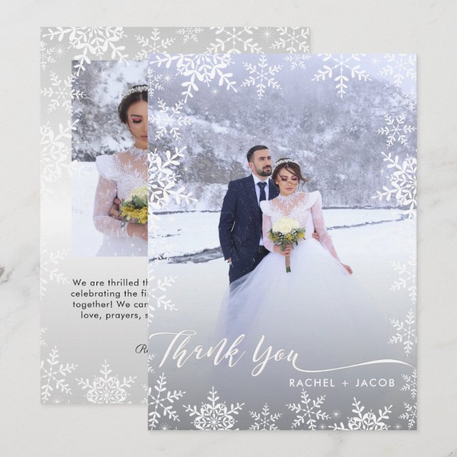 Elegant Snowflakes & Script 2-Photo Winter Wedding Thank You Card (Front/Back)