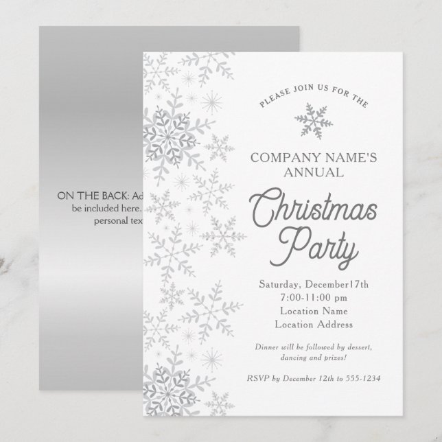 Elegant Snowflakes Silver Company Christmas Party Invitation (Front/Back)