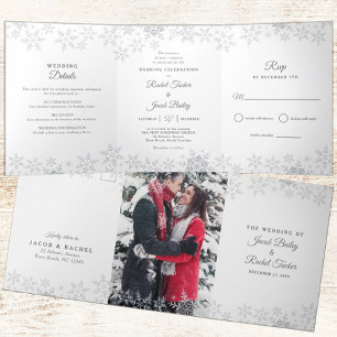 Elegant Snowflakes Silver & White Winter Wedding Tri-Fold Invitation