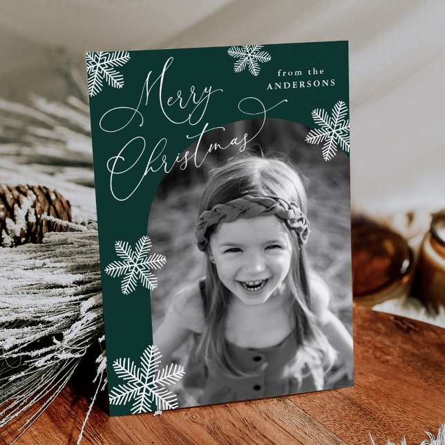 Elegant Snowflakes Spruce Green 2 Photo Holiday Card (Creator Uploaded)