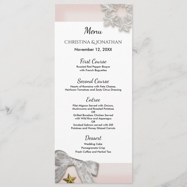 Elegant Snowflakes Winter Wedding Menu (Front)