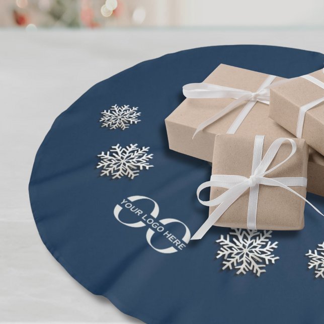 Elegant Snowflakes with Custom Business Logo Navy Brushed Polyester Tree Skirt (Creator Uploaded)