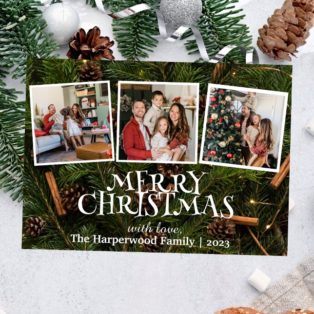 Elegant Snowman Joy Christmas Family Photo Collage Foil Holiday Card (Creator Uploaded)