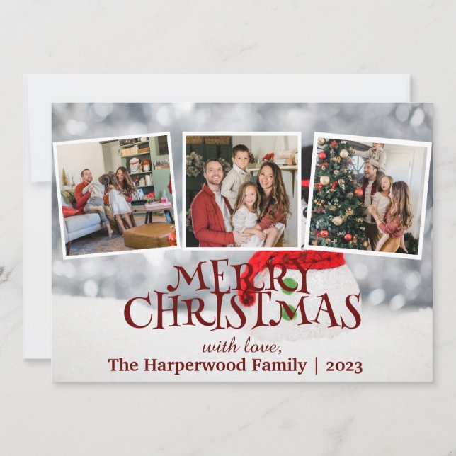 Elegant Snowman Joy Christmas Family Photo Collage Holiday Card (Front)
