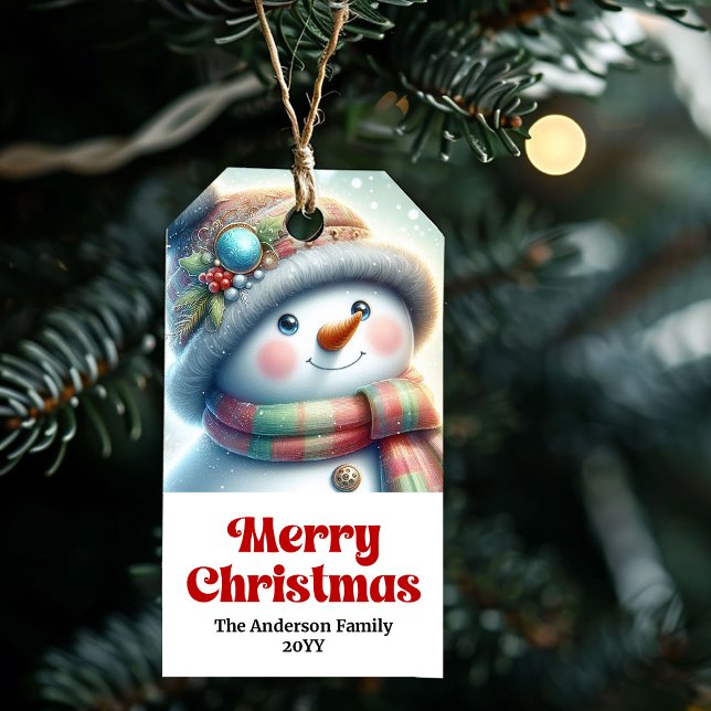 Elegant Snowman Kids Gift Tag Personalized Xmas (Heartwarming Snowman Personalized Christmas gift tag)