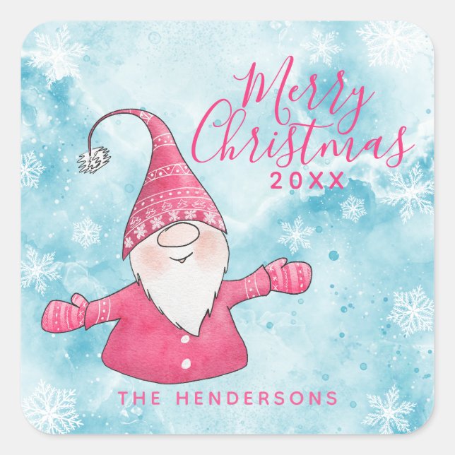 Elegant Snowy Blue and Pink Gnome Merry Christmas Square Sticker (Front)