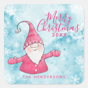 Elegant Snowy Blue and Pink Gnome Merry Christmas Square Sticker