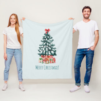 Elegant Snowy Christmas Tree Mint Green Fleece Blanket