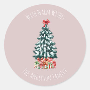 Elegant Snowy Christmas Tree Personalised Pink Classic Round Sticker