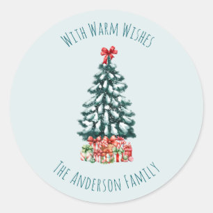 Elegant Snowy Christmas Tree Personalized Classic Round Sticker