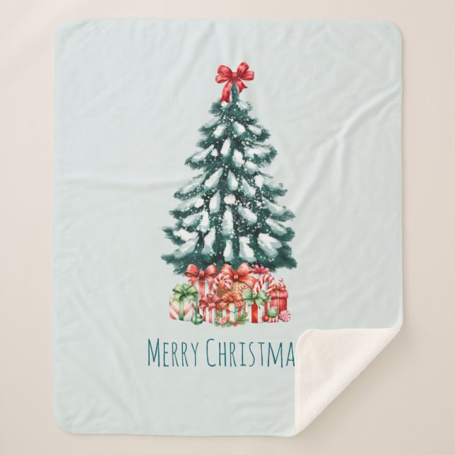 Elegant Snowy Christmas Tree Sherpa Blanket (Front)