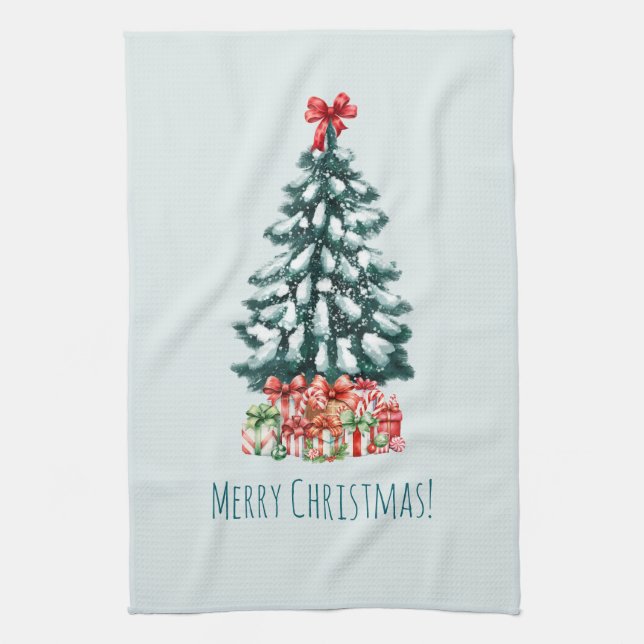 Elegant Snowy Christmas Tree Tea Towel (Vertical)
