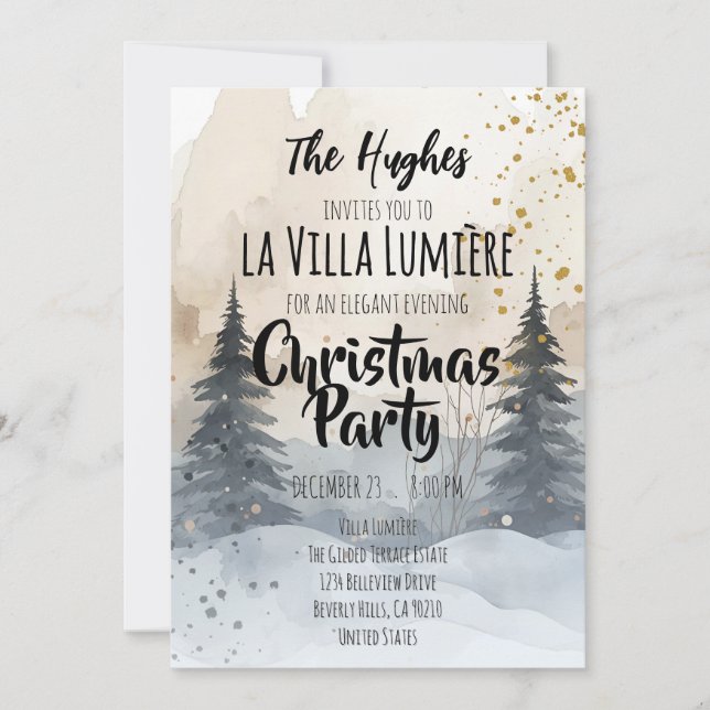 Elegant Snowy Hill Pine Winter Christmas Party  Invitation (Front)