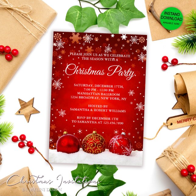 Elegant Snowy Red Christmas Balls Christmas Party Invitation (Creator Uploaded)