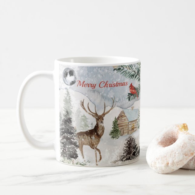 Elegant Snowy Winter Wonderland Red Cardinal Coffee Mug (With Donut)