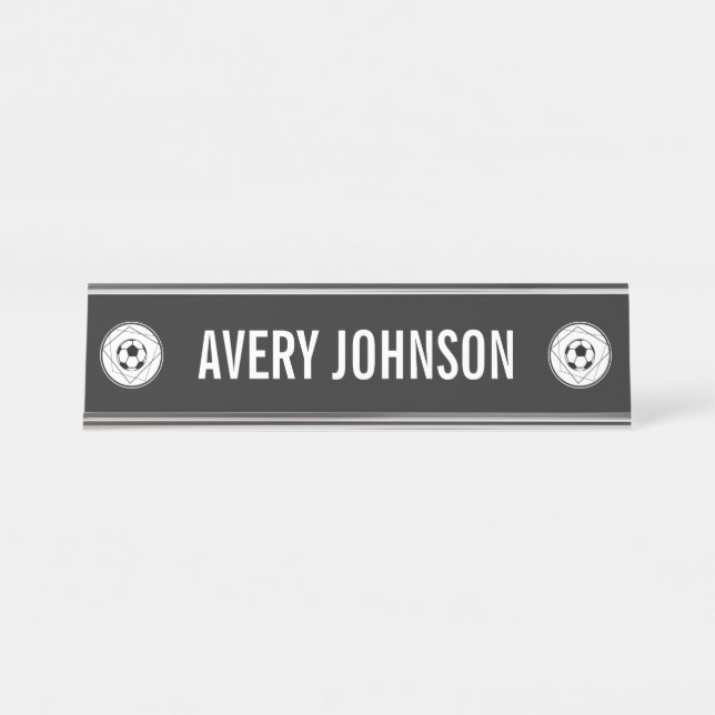 Elegant Soccer Ball Icon Player Coach Custom Sport Desk Name Plate (Front)