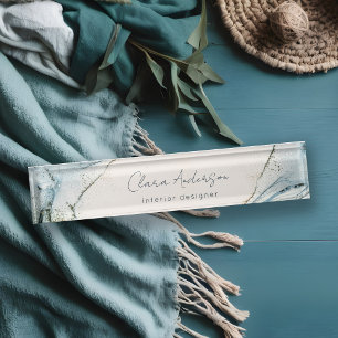 Elegant Soft Abstract Watercolor Blue Gold Beachy  Nameplate