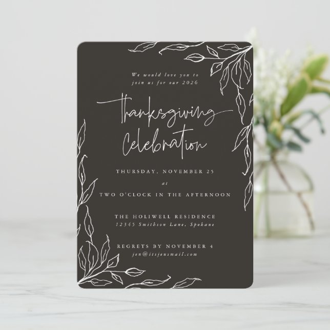 Elegant Soft Black Modern Leaf Motif Thanksgiving Invitation (Standing Front)