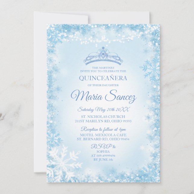 Elegant Soft Blue & String Light Mis Quince Invite (Front)