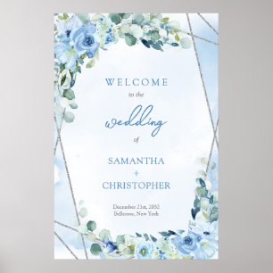 Elegant soft blue watercolor floral silver Welcome Poster