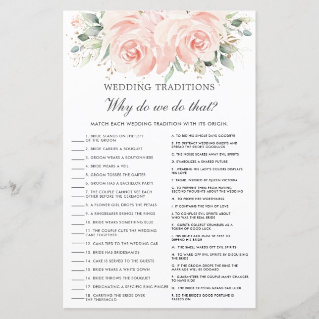 Elegant Soft Blush Floral Wedding Traditions Game (Front)