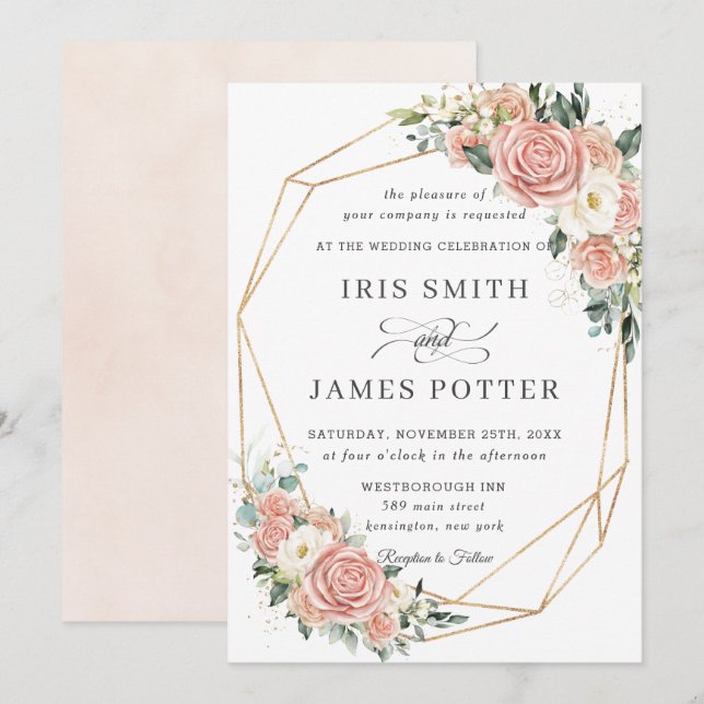 Elegant Soft Blush Ivory Floral Wedding Geometric  Invitation (Front/Back)