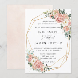 Elegant Soft Blush Ivory Floral Wedding Geometric  Invitation