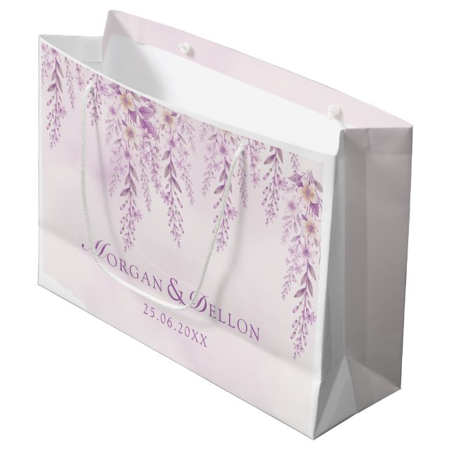 Elegant Soft Blush Lavender Floral Wedding Large Gift Bag (Front Angled)