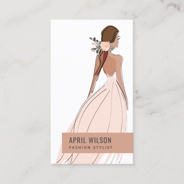 ELEGANT SOFT BLUSH PEACH EVENING GOWN BRIDAL DRESS BUSINESS CARD (Front)