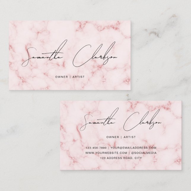 Elegant Soft Blush Pink Marble Handwritten Script Business Card (Front/Back)