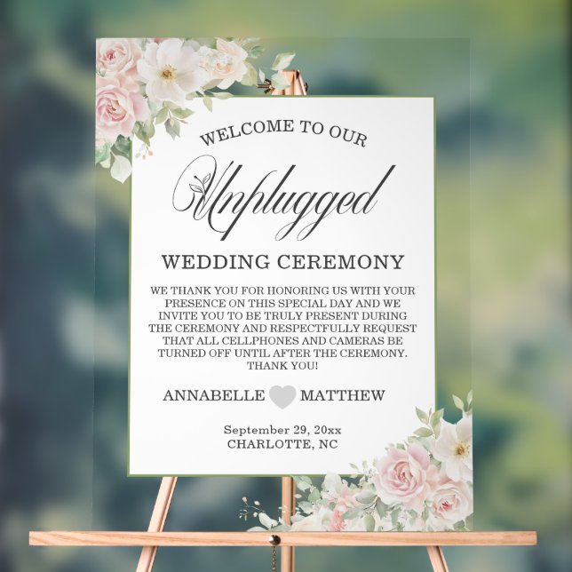 Elegant Soft Blush Roses Unplugged Wedding  Acrylic Sign (Neutral)