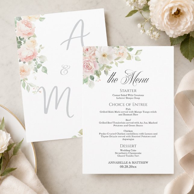 Elegant Soft Blush Roses Wedding Menu (Creator Uploaded)