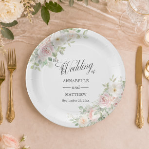 Elegant Soft Blush Roses Wedding Paper Plate