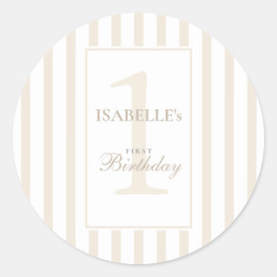 Elegant Soft Champagne Stripe 1st Birthday Classic Round Sticker