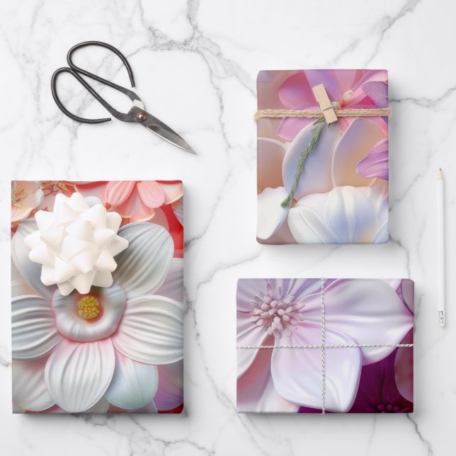 Elegant Soft Colours 3D Pink Flower Petals Floral Wrapping Paper Sheet (Front)