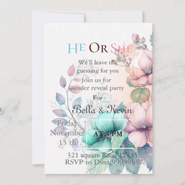 Elegant soft floral   gender reveal invitation (Front)
