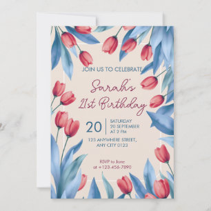Elegant Soft Floral Tulip 21st Birthday Invitation