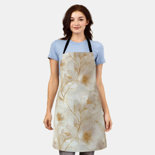 Elegant Soft Gold Flower White Floral Pattern Apron