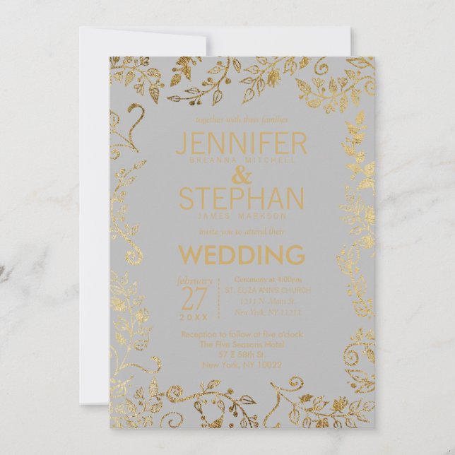 Elegant Soft Grey and Yellow Gold Floral Wedding Invitation (Front)