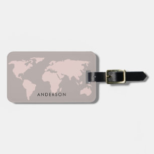 ELEGANT SOFT GREY BLUSH PINK ROSE GOLD WORLD MAP LUGGAGE TAG