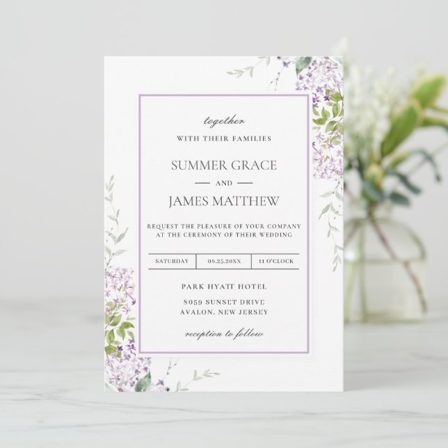 Elegant Soft Lilac Purple Floral Greenery Wedding  Invitation (Standing Front)