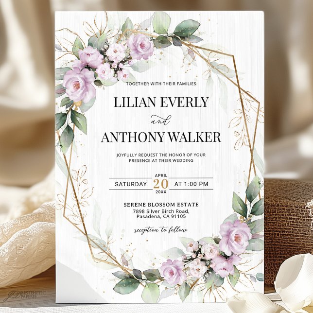Elegant Soft Mauve Floral Gold Geometric Wedding Invitation (Creator Uploaded)