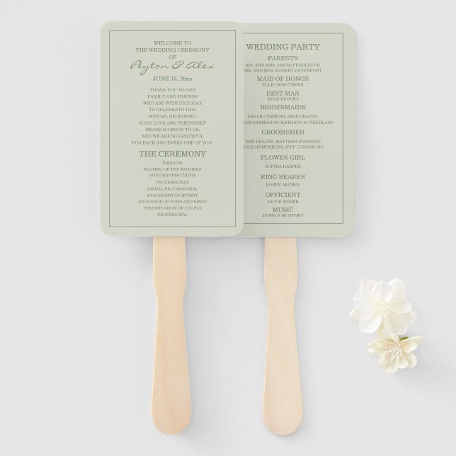 Elegant Soft Mint Sage Green  Wedding Program Hand Fan (Front and Back)